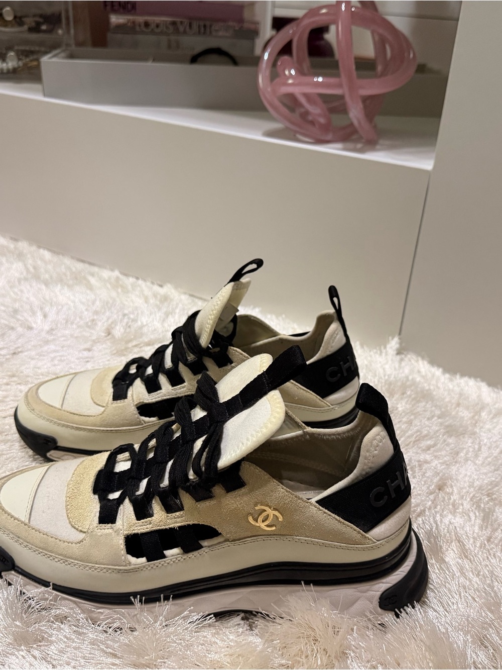 AUTHENTIC CHANEL Cream and Black Low-Top Sneakers with Gold Logo